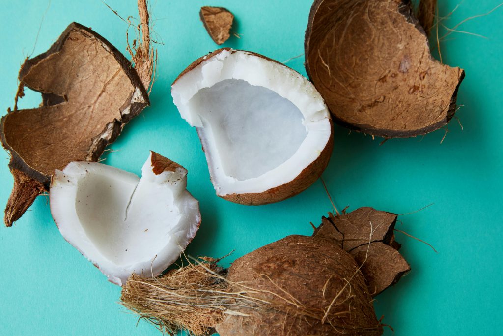 Freshly cracked coconut pieces on a bright turquoise background. Ideal for tropical themes.